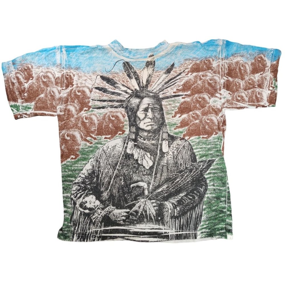 Vintage T shirt Indian Buffalo All Over Print Native American XL Chief Tribal